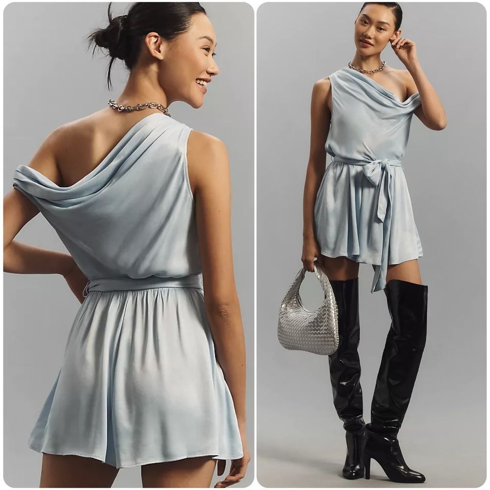 Anthropologie Maeve Off-The-Shoulder Draped Romper in Light Blue | XS